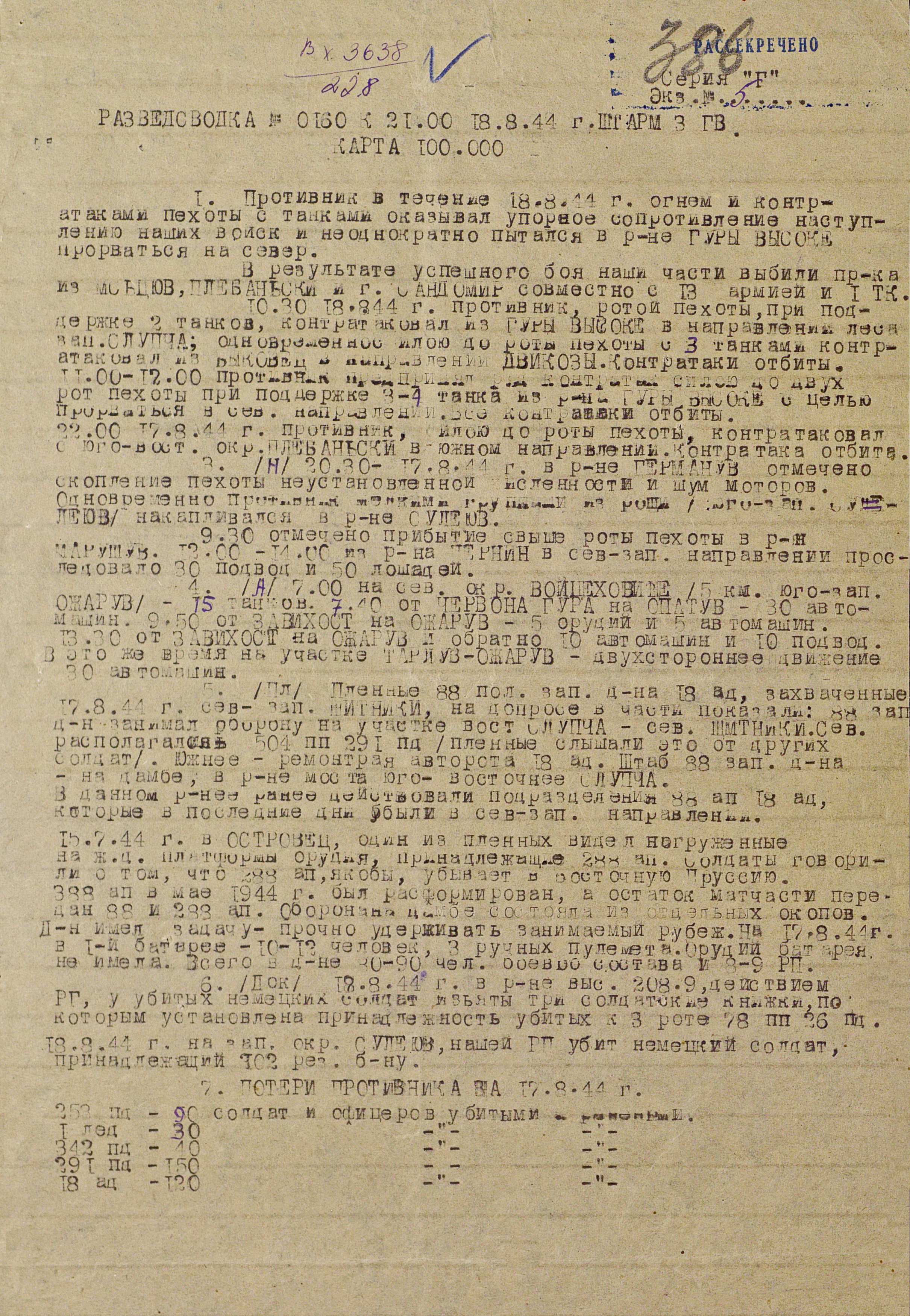 Разведсводка штаба 3-й гвардейской армии от 18 августа 1944 г. № 0160
